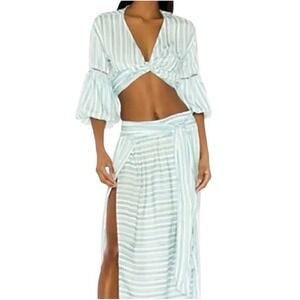 Agua Bendita Striped‎ Two Piece Crop Top and Maxi Skirt Set Mint Green M Resort